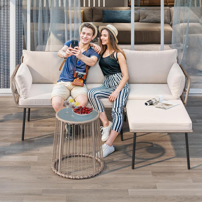 3 Piece Patio Furniture Set Wicker Patio Sectional with Detachable Cushions and Coffee Table Outdoor Furniture Set L-Shaped Sectional Conversation Sofa Set for Backyard Porch Balcony - Beige3