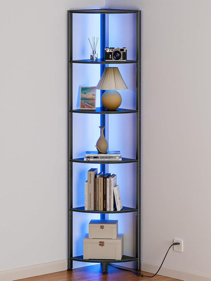 6 Tier Corner Shelf with LED Light, 67.5" Black Narrow Bookshelf | Tall Standing Shelf Organizer, Storage Rack for Wall Corner, Living Room, Bedroom, Metal Frame, Wood Display Shelf1