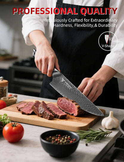 Chef Knife 8 Inch - Professional Japanese Kitchen Knife - Black Damascus Steel with Ergonomic Handle - MIAO Series5