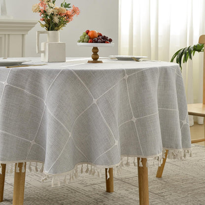 Lattice Embroidery Plaid round Tablecloth with Tassel, round 70 Inch, Grey3