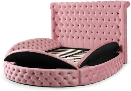 Pemberley Row Velvet Pink Queen Bed round Storage Unassembled4