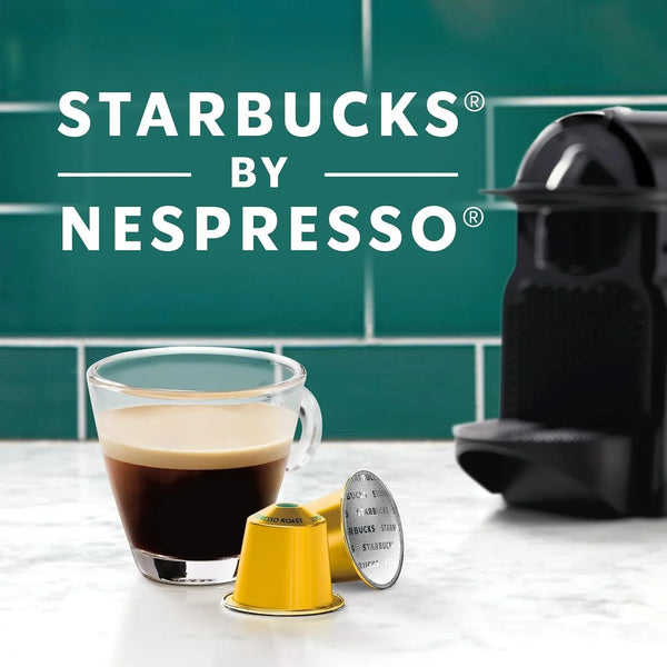 Starbucks by Nespresso coffee capsule and brewed espresso in a glass cup.7