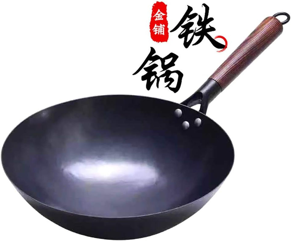 chinese-100-hand-hammered-iron-woks-stir-fry-pans-non-stick-no-coating-less-oil-black-seasoned-wooden-handle-chef-12-inch