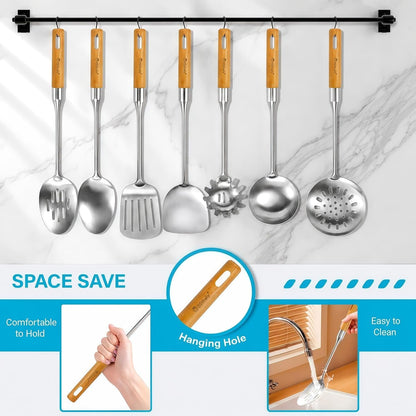 Stainless Steel Cooking Utensils Set with Wooden Handle, 7 Pcs Long Kitchen Utensil Set Stainless Steel, Heat Resistant Metal Spatula Set for Cooking with Turners, Skimmer, Ladle, Pasta Fork3