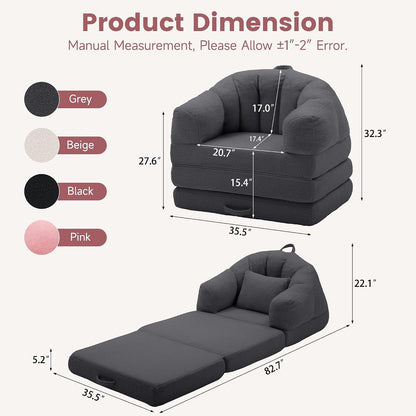 Folding Sofa Bed, 2 in 1 Convertible Sleeper Chair with Armrests, Comfy Bean Bag Floor Futon Couch with Pillow, Single Chair Bed Sleeper for Adults, Couches for Living Room,Grey2