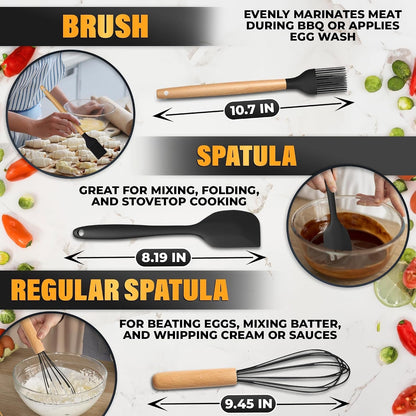 14 Pcs Kitchen Utensils Set with Holder, Beech Handles (Black)4