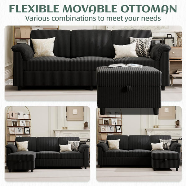 79" Convertible Sectional Couch for Living Room, Modular L Shaped Sofa with Movable Ottoman, Comfy Corduroy Fabric Couch with Removable Covers, Modern Apartment Furniture, Black5