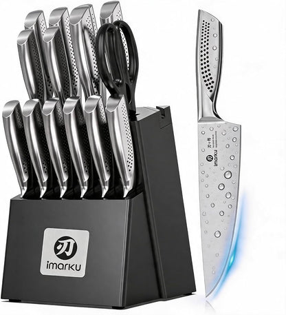 15PCS Kitchen Knife Set with Block,High Carbon Stainless Steel,Black | Built-In Sharpener,Dishwasher Safe,Ergonomic Non-Slip Handle,Space-Saving Knife Block,Ideal for Daily Cooking & Gifts1