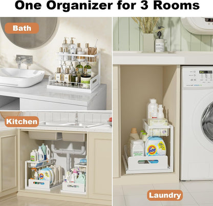 under Sink Organizer, L-Shaped 2 Tier Pull Out Cabinet Organizer3