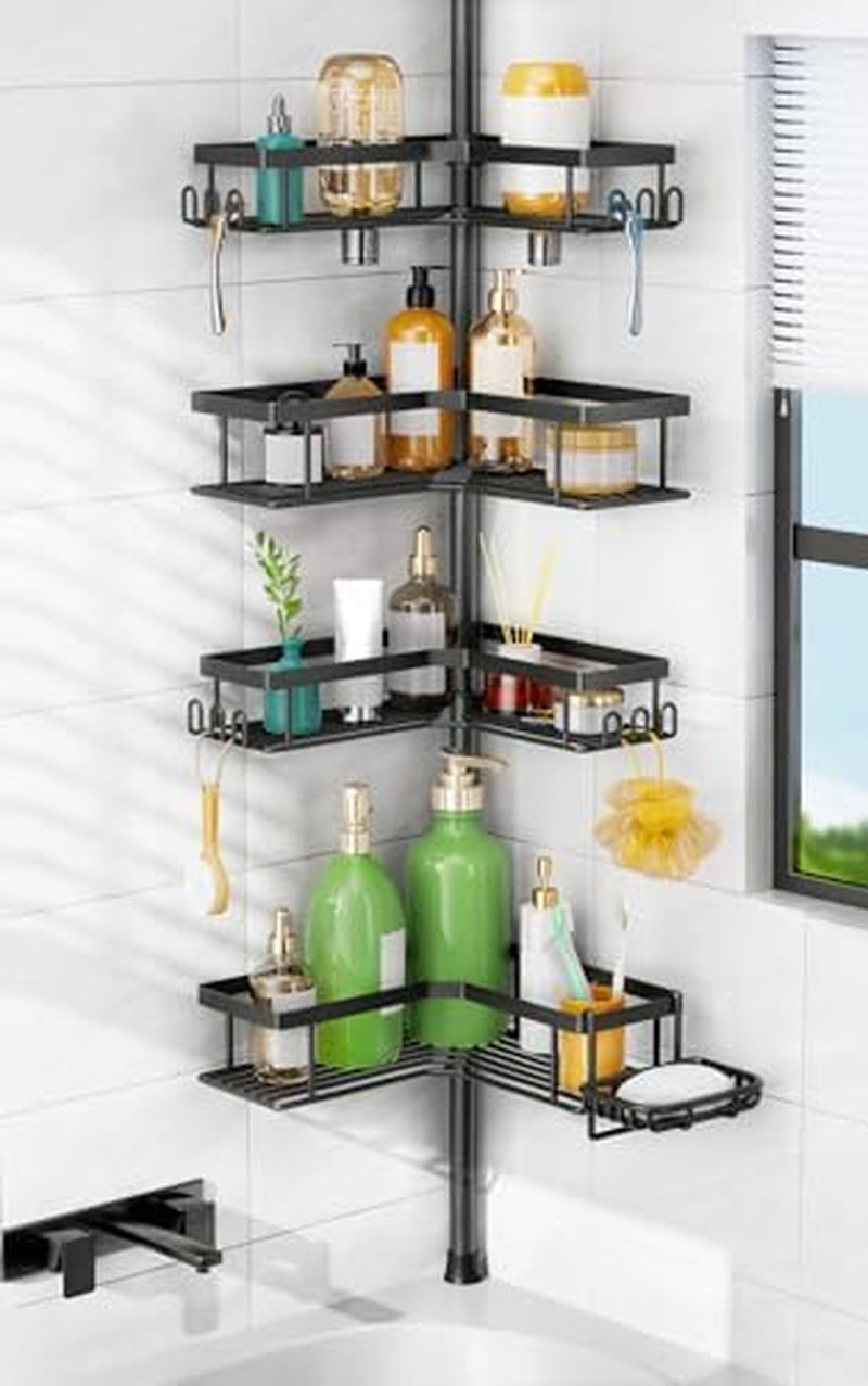 shower-caddy-tension-pole-4-tier-corner-bathroom-organizer-shelf-with-soap-holder-hooks-no-drill-adjustable-standing-storage-rack-for-apartment-renters-47-123-inch-black