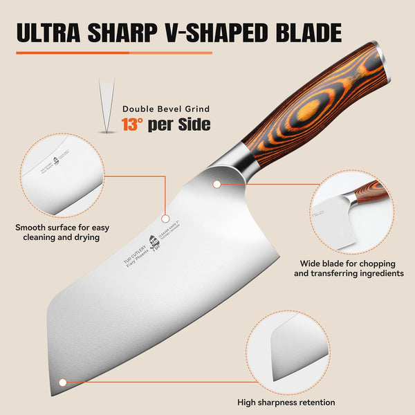 Vegetable Cleaver Knife, Chinese Chef Knife 7 Inch Meat Cleaver with Pakkawood Handle, Stainless Steel Butcher Chopper for Home Kitchen - Fiery Phoenix Series5