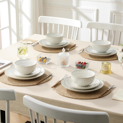 24-Piece Farmhouse Dinnerware Set for 8, Embossed White Stoneware Plates and Bowls Sets, Vintage Relief Ceramic Dish Set, Chip-Resistant, Microwave & Dishwasher Safe7
