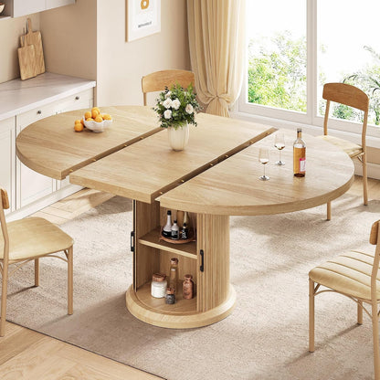 47″–63″ Extendable round Kitchen Dining Room Table for 4-6 with 2-Tier Storage Shelf Dust-Proof, Space Saving Expandable Wood Oval Circle Dinner Furniture with Pedestal Base (Natural Oka)1