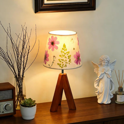 Dried Flowers Tripod Table Lamp 14.17In, 9W LED Dimmable Cute Bedside Lamp with Flowers Linen Lampshade for Nursery, Bedroom, Kid Room, Living Room, Light Brown Wooden Base5
