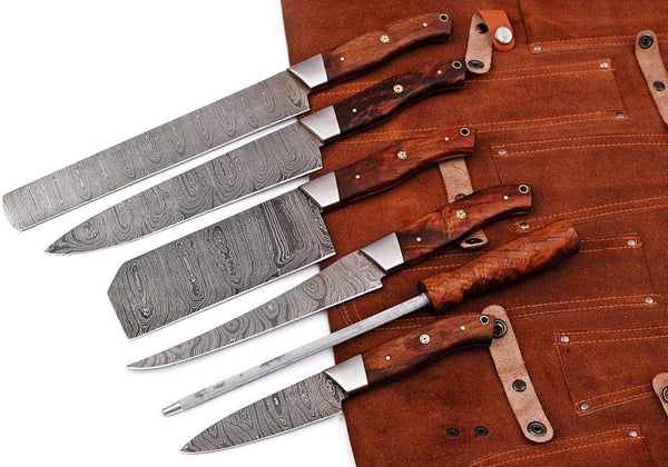 Hm-(Brown) Custom Made Damascus Steel #6 Pcs of Professional Utility Kitchen Knives Set Comes with Sweet Leather Roll Kit (3712)1