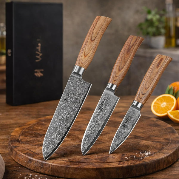 EDIB Pro Kitchen Knife Set, 3-Piece VG10 Damascus, Pakkawood Handles6