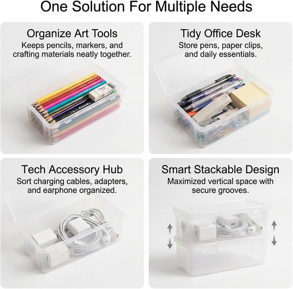 Clear Storage Box with Lids 2 Pack, Small Plastic Organizer Bins, Plastic Pencil Cases for Office Supplies, Cosmetics, Craft Items and Cables, Portable and Strong4