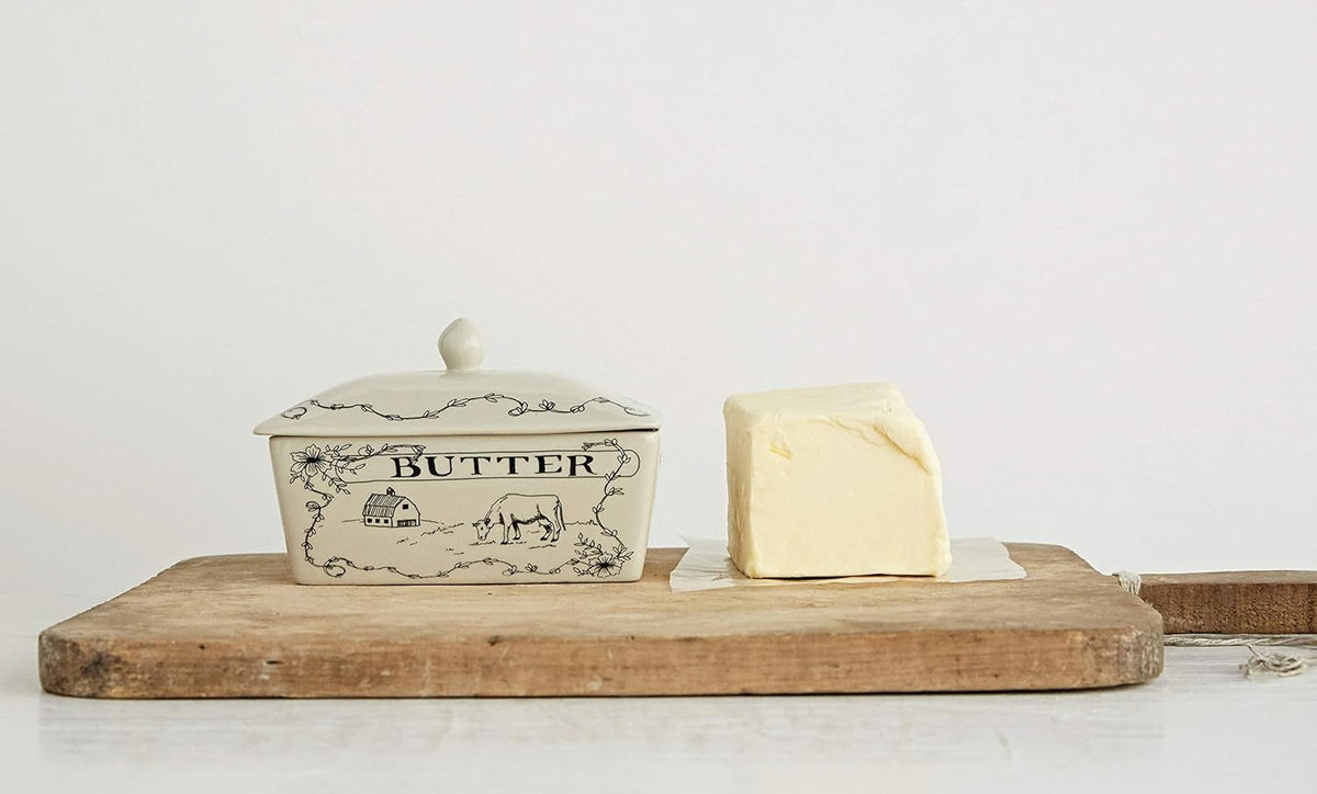 creative-co-op-country-stoneware-butter-dish-with-spread-the-love-message-and-farm-landscape-design-white-and-black