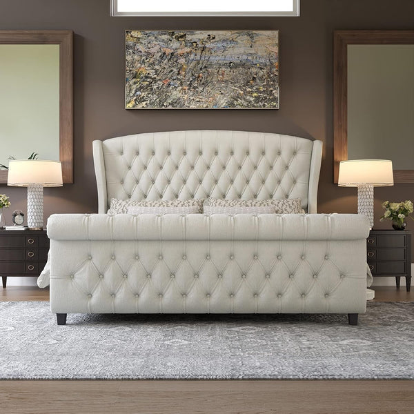 King Size Upholstered Sleigh Platform Bed Frame with Headboard3