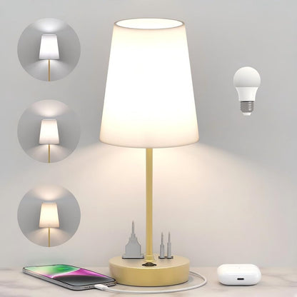 Bedroom Table Lamp, Bedside Lamp with AC Outlet and USB C Charging Ports(Pd 20W), 3-Way Dimmable Lamp with Switch, Lamps with Shade for Night Stands, Living Room, Desk, and Home Office, 6.5Ft1