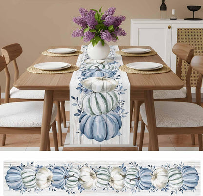 Fall Table Runner Blue Pumpkin Table Runners Harvest Thanksgiving White Blue Pumpkins Wooden Cotton Linen Dresser Scarf Kitchen Dining Table Decor for Autumn Holiday Party Coffee 13X120 Inch2