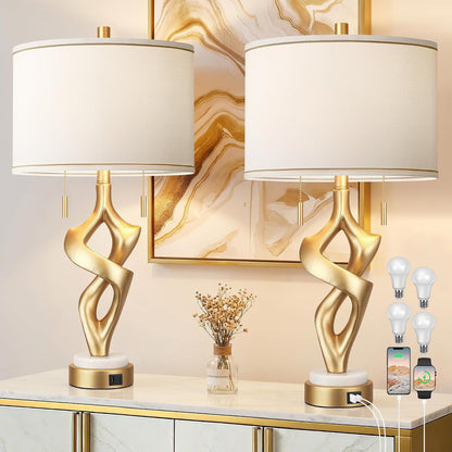 Gold Table Lamps for Living Room Set of 2, Modern Nightstand Lamps with Marble Base & Charging Ports, Rustic Resin Table Lamp for Bedrooms with Pull Chains Switch, 4 X Bulbs Included, 26"1