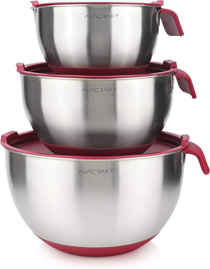18/10 Stainless Steel Mixing Bowls with Lids, Non Slip Silicone Base Bowls with Handle, Mixing Bowl Set with Pour Spouts & Measurement Marks, Home Essentials Cooking Bowls, (Red)1