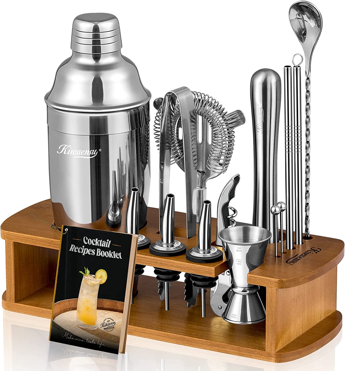 cocktail-shaker-set-bartender-kit-with-stand-bar-set-drink-mixer-set-with-all-essential-accessory-tools-martini-shaker-jigger-strainer-mixer-spoon-muddler-liquor-pourers-silver