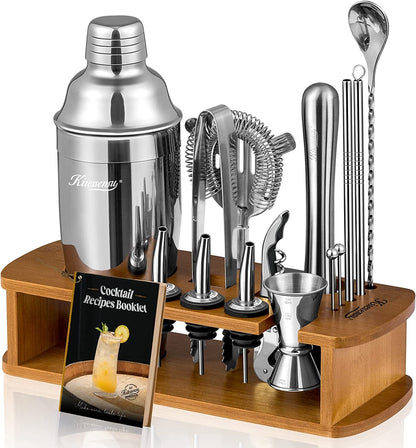 Cocktail Shaker Set Bartender Kit with Stand | Bar Set Drink Mixer Set with All Essential Accessory Tools: Martini Shaker, Jigger, Strainer, Mixer Spoon, Muddler, Liquor Pourers |Silver1