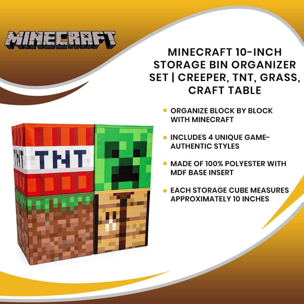 Minecraft 10-Inch Storage Set of 4 Bins | Includes Creeper, TNT, Grass, Crafting Table | Fabric Basket Container, Cubby Closet Organizer, Home Decor for Playroom | Video Game Gifts and Collectibles7