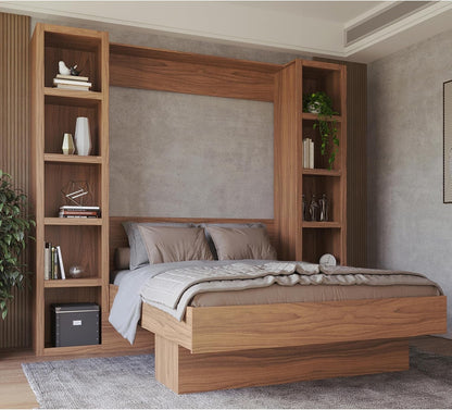Easy-Lift Queen Murphy Wall Bed in Brown Wood Grain with Two Bookshelves1