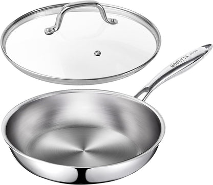 10 Inch Tri-Ply Stainless Steel Frying Pan with Lid,No Coatings PFOA&PTFE Free Skillets,Chef'S Pans,Dishwasher and Oven Safe Cookware, Compatible with All Cooktops1