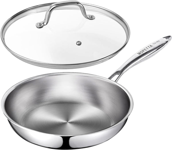 10 Inch Tri-Ply Stainless Steel Frying Pan with Lid,No Coatings PFOA&PTFE Free Skillets,Chef'S Pans,Dishwasher and Oven Safe Cookware, Compatible with All Cooktops1