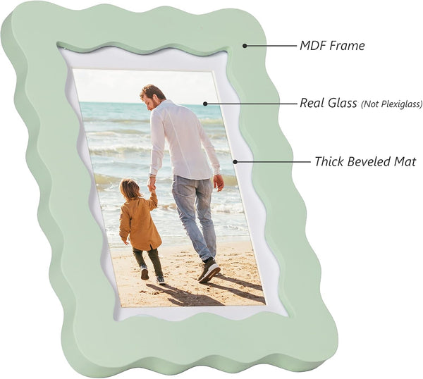 5X7 Cute Picture Frame, Wavy Curved Photo Frame with 4X6 Mat and Real Glass, Unique Funky Frame for Table and Wall Display, Home Office Desk Decoration Art, Gift (5X7, Sage Green)3