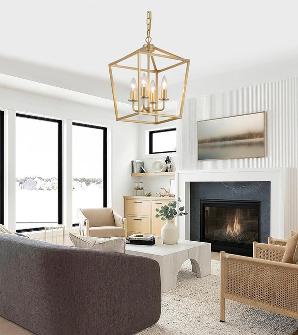 Industrial 4 Lights Chandelier, Gold Lantern Ceiling Light Fixtures with Rustic Metal Cage Adjustable Height Farmhouse Geometric Hanging Light for Kitchen Island, Dining Room, Entryway, UL Listed9