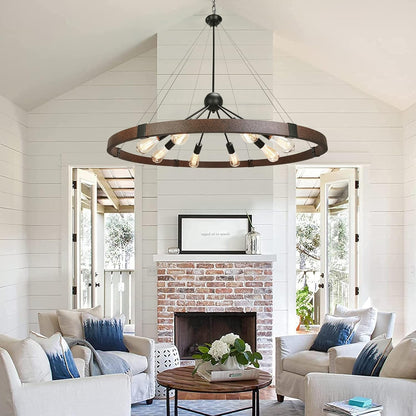 38.2'' Large Farmhouse Wagon Wheel Chandelier for Living Room, 8-Light Rustic round Metal Light Fixtures for Dining Room Entryway Kitchen Island, Vintage Rust and Black Finishes2