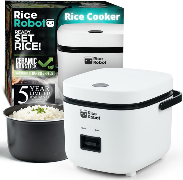 Rice Robot Personal Rice Cooker, Pfas-Free, Nonstick. 1 Quart Capacity, with Stainless Steel Steamer Tray, Measuring Cups, Recipe Book with 60 Recipes, and Serving Spoon, as Seen on TV1