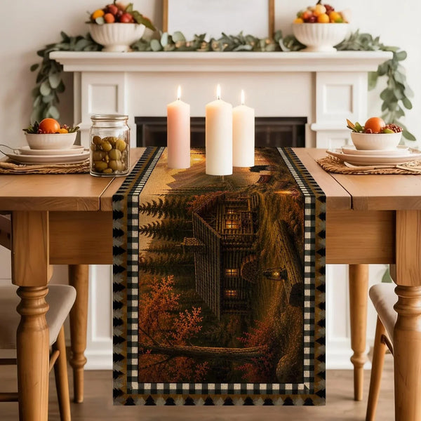Mountains Bear Table Runner Cotton Linen 72 Inch Holiday Dresser Scarves, Farmhouse Country Cabins Pine Tree Brown Tablerunner for Kitchen Coffee Dining Living Room Dinner Scarf Décor 13''X72''2
