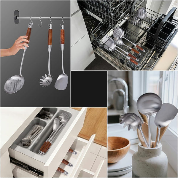 Kitchen Utensils Set with Wood Handle, 6 Pieces Stainless Steel Utensils Set, Metal Cooking Utensils Set, Non-Stick and Heat Resistant5