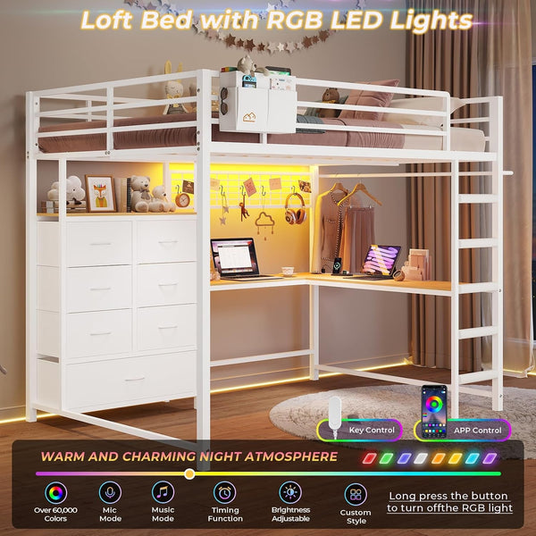 Full Loft Bed with L-Shaped Desk and 7 Storage Drawers, Metal Full Size Loft Bed for Teen with LED Lights and Charging Station,13.11" H Safety Guardrail and Ladder,No Box Spring Needed, White3