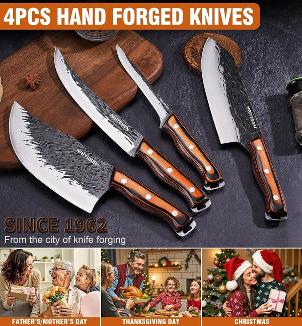 4PCS Hand Forged Butcher Knife Set, Kitchen Knives Gift for Men Women7
