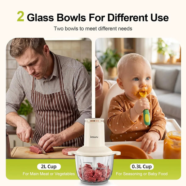 Food Processor, 2-Speed Food Chopper & Meat Grinder with 2 Glass Bowl | 8+1 Cup, 300W, Stainless Steel Blades, Small Electric Vegetable Chopper for Kitchen, for Nuts, Baby Food, Onion, Garlic, Meat2