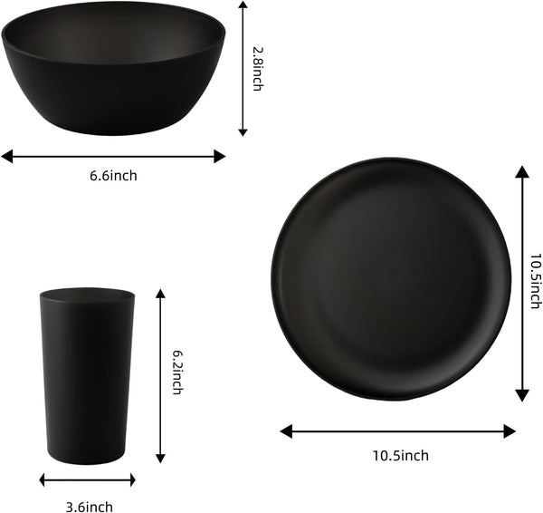 24Pcs Matte Black Dinnerware Set, Plates Bowls & Cups, Unbreakable Dishes for 8, Reusable Bpa‑Free Tableware, Dishwasher Safe for Kitchen Party Picnic Camping, Bonus Cutlery Set Included2