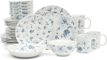 Empress Bouquet 30 Piece Decorated Porcelain Chip and Scratch Resistant Dinnerware Plates and Bowls Set - Blue Floral1