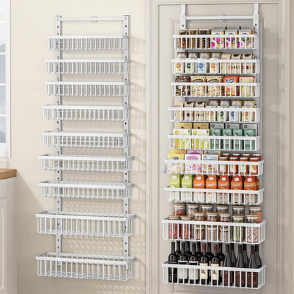 9 Tier over the Door Pantry Organizer, 2 in 1 Wall Mount or Hanging Spice Rack with Adjustable Deep Basket, Heavy-Duty Seasoning Organizer and Storage for Kitchen Cabinet Closet Bathroom1