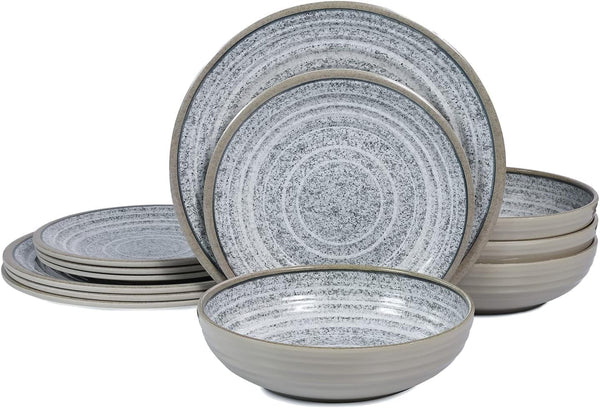 Melamine Dinnerware Sets 12 PCS - Service for 4 Plates & Bowls Sets Grey1