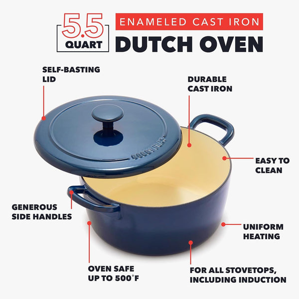 X Bobby Flay 5.5QT Enameled Cast Iron Dutch Oven with Lid, Navy | Casserole Pot for Braising, Stews, Bread Baking & Searing, Self-Basting Lid, Induction Ready, Oven Safe to 5003