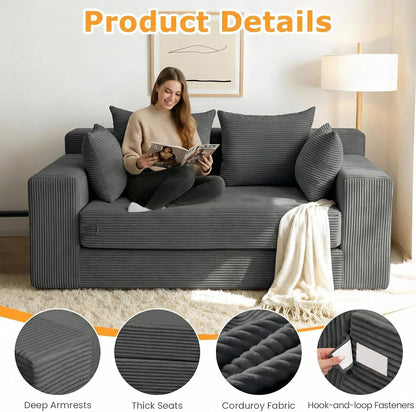 Winzon Boneless Loveseat, 3 in 1 Convertible Sofa Bed Sleeper Sofa Floor Futon Bed with 4 Pillows, 55" Grey Boneless Couch for Living Room, Guest Room, Small Space, No Assembly Required, Corduroy6