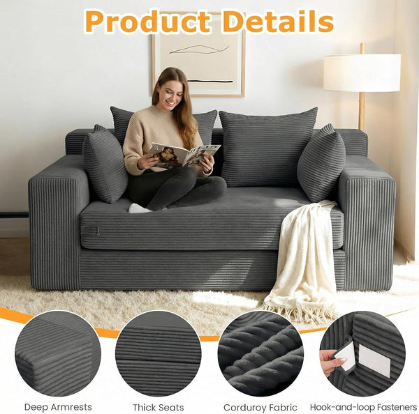 Winzon Boneless Loveseat, 3 in 1 Convertible Sofa Bed Sleeper Sofa Floor Futon Bed with 4 Pillows, 55" Grey Boneless Couch for Living Room, Guest Room, Small Space, No Assembly Required, Corduroy6