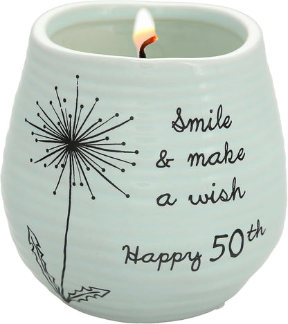 '- 8 Oz Candle Holder - Green Ceramic Candle Jar with 100% Soy Wax Candle Serenity Scent "Smile and Make a Wish, Happy 50Th" Ideal Gift for Loved Ones - Printed Text, Love Theme1